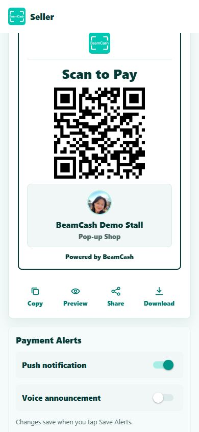 BeamCash seller QR checkout screen