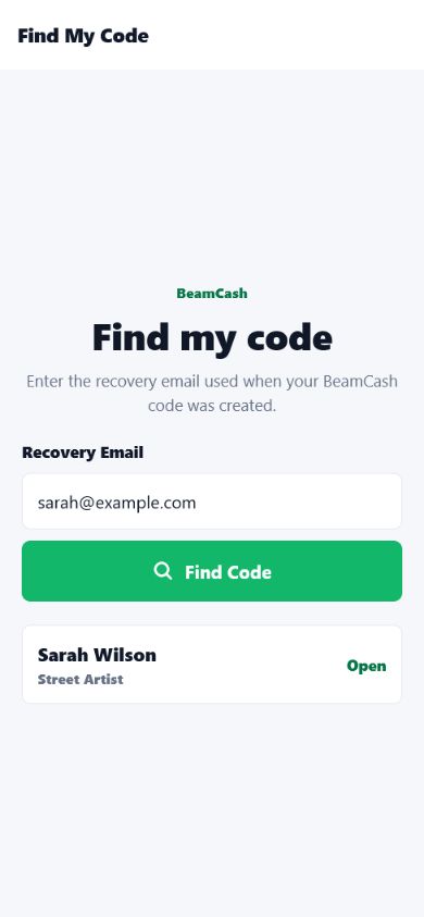 BeamCash QR code lookup screen