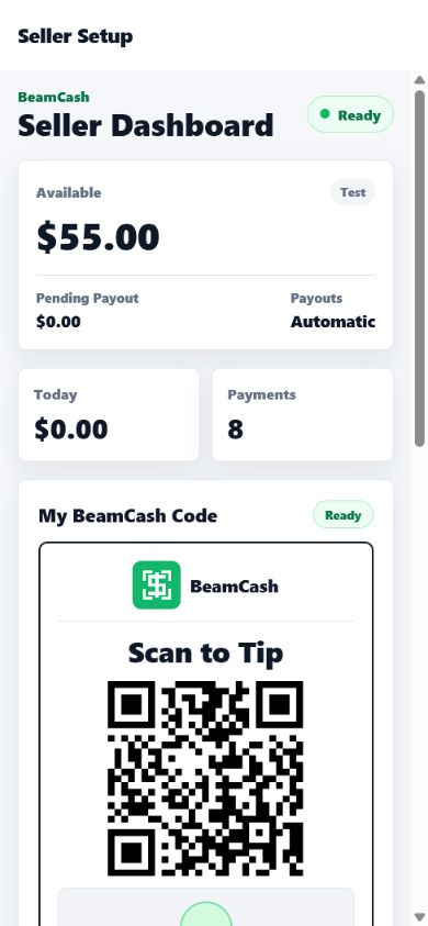 BeamCash seller dashboard with QR code